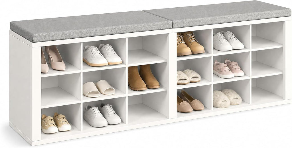 Shoe Storage Bench with Padded Seat, 18-Cubby Shoe Organizer for Entryway, 59.1" Long 700 lb Capacity, for Living Room, Bedroom, Hallway (Whiteboard with Light Gray, Linen, Sponge)