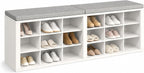 Shoe Storage Bench with Padded Seat, 18-Cubby Shoe Organizer for Entryway, 59.1" Long 700 lb Capacity, for Living Room, Bedroom, Hallway (Whiteboard with Light Gray, Linen, Sponge)