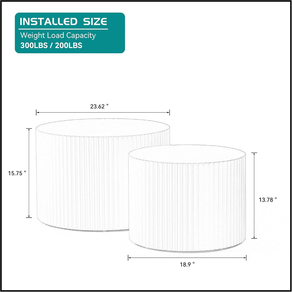 42.52'' White Round Nesting Coffee Table Set of 2 Modern Drum Side End Table for Living Room, Contemporary Wood Circle Embossed Design, No Assembly, White