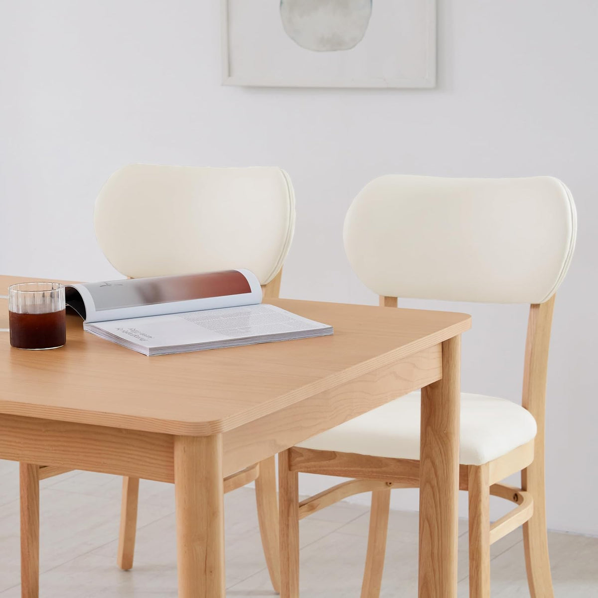 Livinia Tony Dining Chair Set of 2, Solid Malaysian Oak PU Leather Upholstered Cushion Seat, Rounded Back Side Chairs (Natural)
