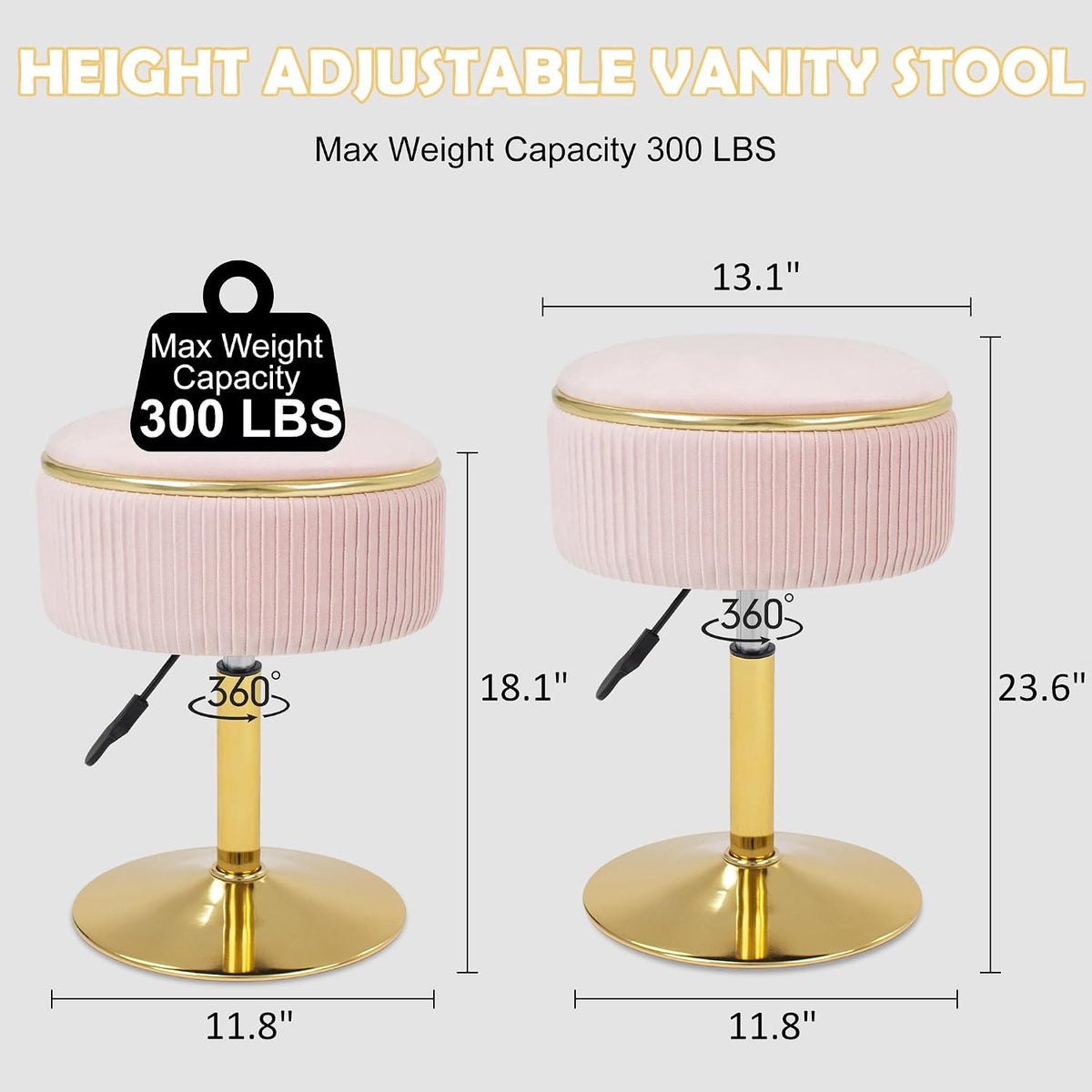 Adjustable Vanity Stool with Storage, 360° Swivel Makeup Stool Chair Small Velvet Round Ottoman with Gold Base for Bedroom, Pink