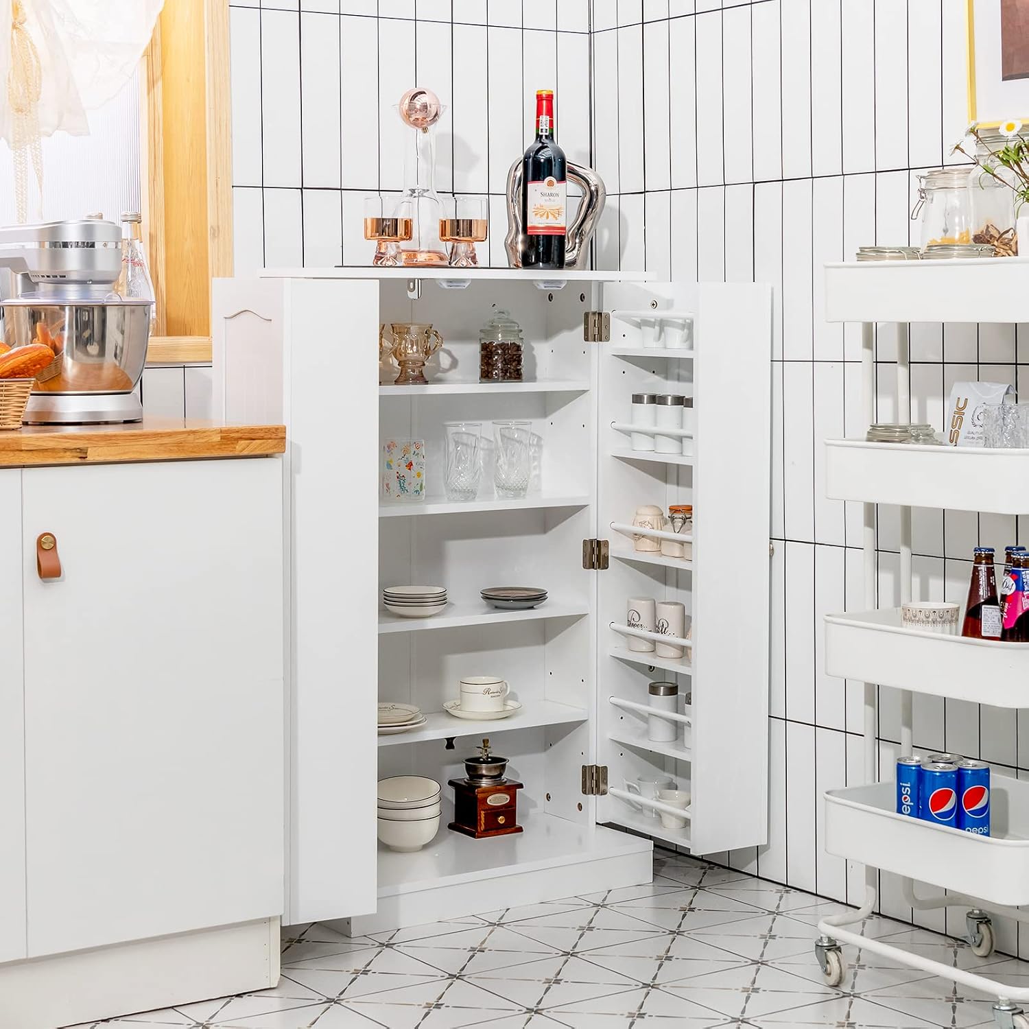 Tangkula Kitchen Pantry Cabinet, 17-Tier Buffet Sideboard with 2 Doors and 6 Adjustable Shelves, Kitchen Storage Cabinet, Space Saving Cupboard for Dining Room Living Room, 23 x 12 x 41 Inch (White)