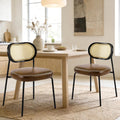 Rattan Dining Chairs Set of 2, Upholstered Dining Chairs with Handwoven Cane Back, Mid Century Modern Kitchen & Dining Room Chairs with Thick Cushion and Metal Frame, 300 lbs Capacity, Brown