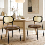 Rattan Dining Chairs Set of 2, Upholstered Dining Chairs with Handwoven Cane Back, Mid Century Modern Kitchen & Dining Room Chairs with Thick Cushion and Metal Frame, 300 lbs Capacity, Brown