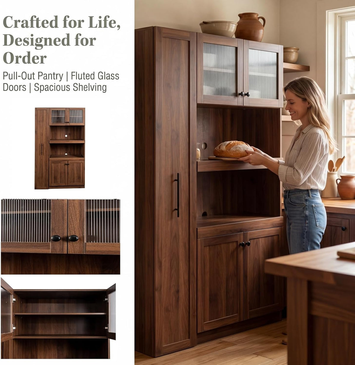 70.87" H Walnut Farmhouse Kitchen Pantry Cabinet, 4-Door Pull-Out Multi-Tier Storage Shelf, Pantry Organizer for Kitchen Dining Room
