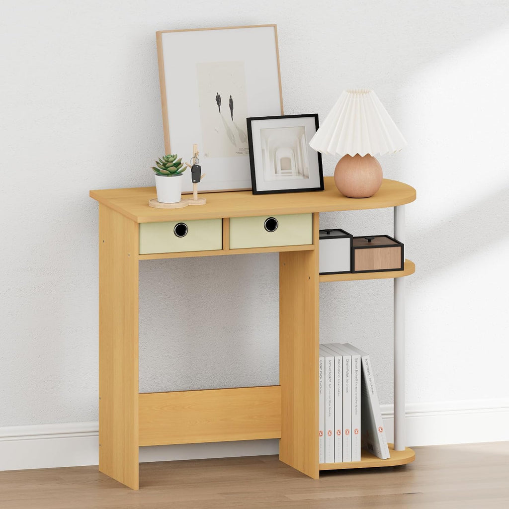 Furinno Jaya 32-Inch Oak Entryway Table with 2 Fabric Drawers, Console Table with Open Shelves, Behind Sofa Couch Tables, for Living Room, Entryway, Hallway, Beech