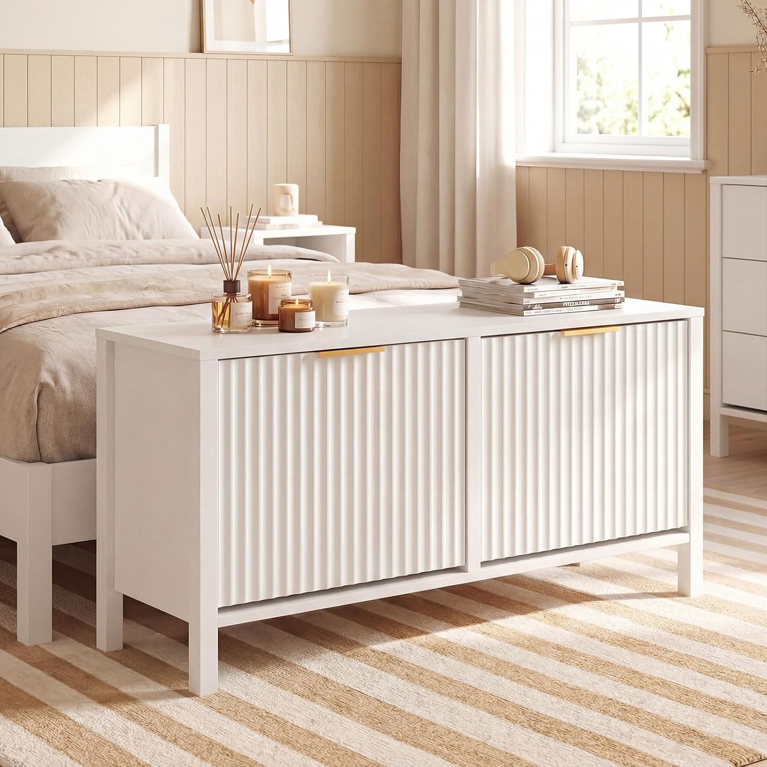 Giantex Shoe Storage Bench with 2 Flip Drawers, Wooden Entryway Bench with Storage, Fluted Doors, Adjustable Shelves, Hidden Shoe Cabinet for Entry Way, Hallway, Foyer, Living Room (White+Gold)