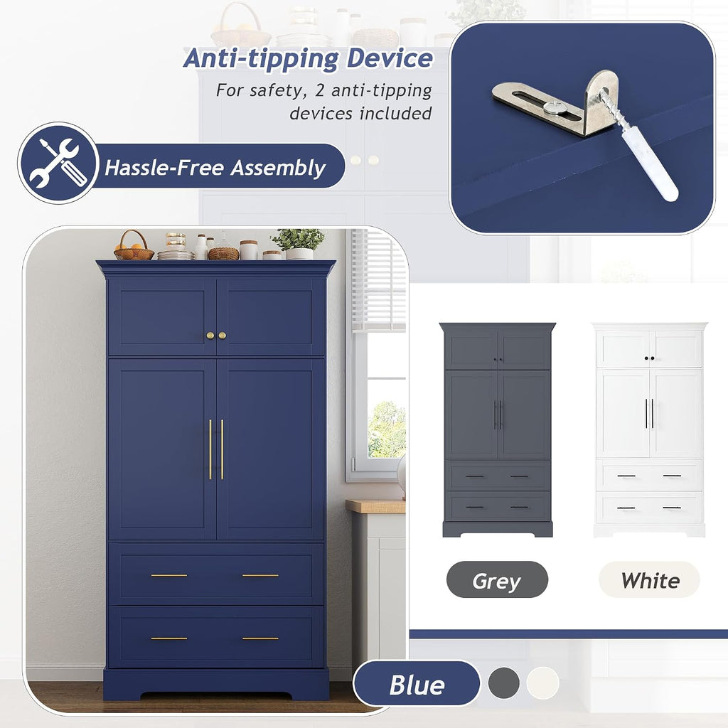 72.6" Farmhouse Kitchen Pantry Cabinet with 3 Pull-Out Trays, Freestanding Large Wooden Kitchen Organizers Storage Cabinet with 2 Drawers and Cake Pan Storage for Dinging Room, Dark Blue