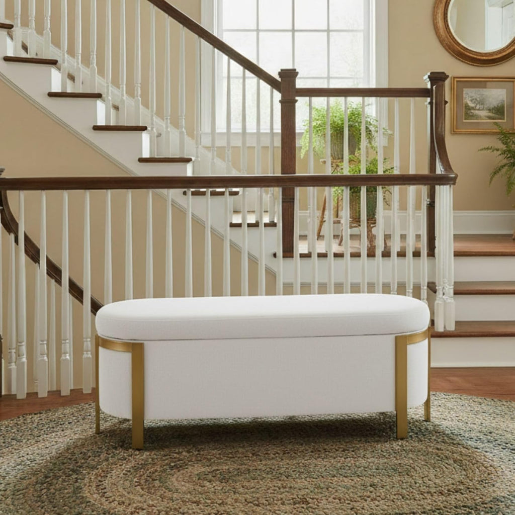 Hyfirm 48" Storage Ottoman Bench – White Chenille Upholstered Footrest with Gold Legs, Long Oval Padded Stool for Bedroom, End of Bed, Living Room, Entryway, Hallway