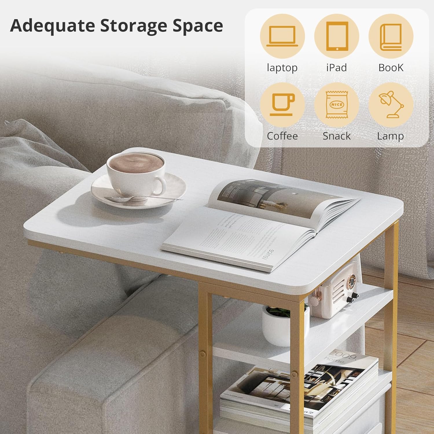 C Shaped End Table 28"(H) 3-Tier C Table with Storage Bag, Under Couch Table C-Shaped End Table with Storage Shelves and Bag for Living Room, Bedroom, or Office