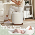 Joveco Round Storage Ottoman with Removable Lid, Boucle Small Upholstered Padded Vanity Foot Rest Stool for Living Room, Bedroom, Dorm, White with Walnut Wood Grain Trim