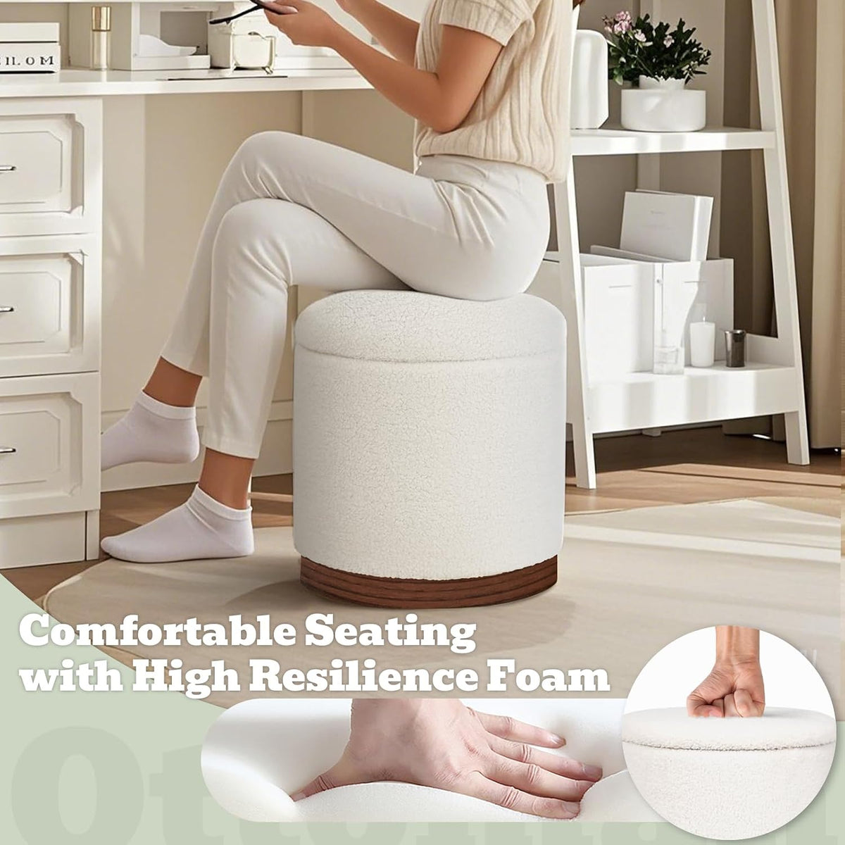 Joveco Round Storage Ottoman with Removable Lid, Boucle Small Upholstered Padded Vanity Foot Rest Stool for Living Room, Bedroom, Dorm, White with Walnut Wood Grain Trim