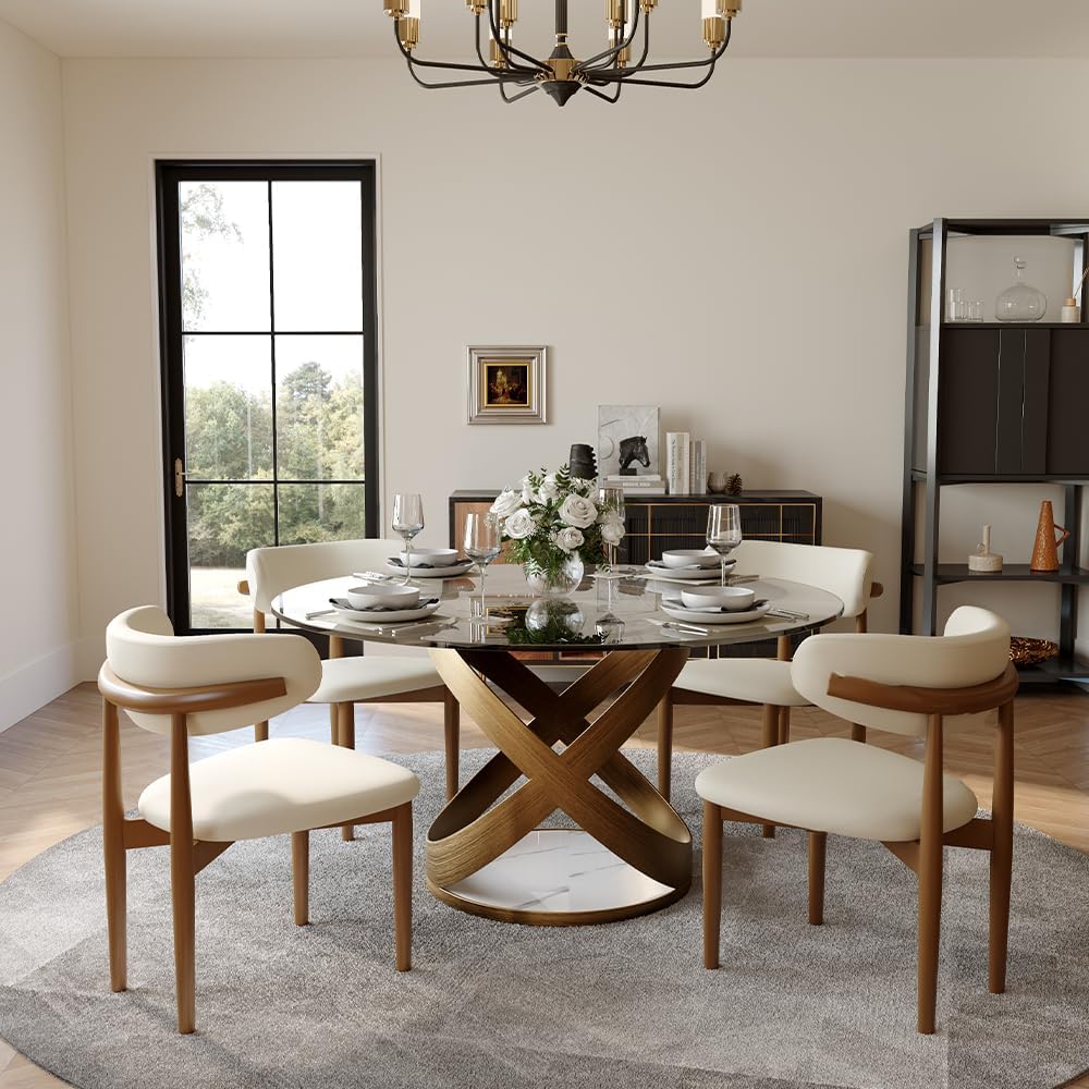 POVISON 51" Modern Round Dining Table, Glass Round Kitchen Table for 4, Tempered Glass Dining Room Table top with Bronze X Carbon Steel Base (Dining Table Only)