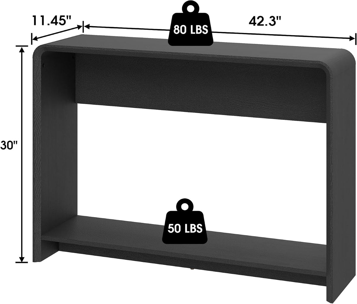 42.3" Modern U-Shaped Console Table, 11.5" Narrow Waterfall Entryway Table with Storage Shelf, Minimalist Sofa Table for Hallway & Living Room, Black Wood-Like Pattern Finish