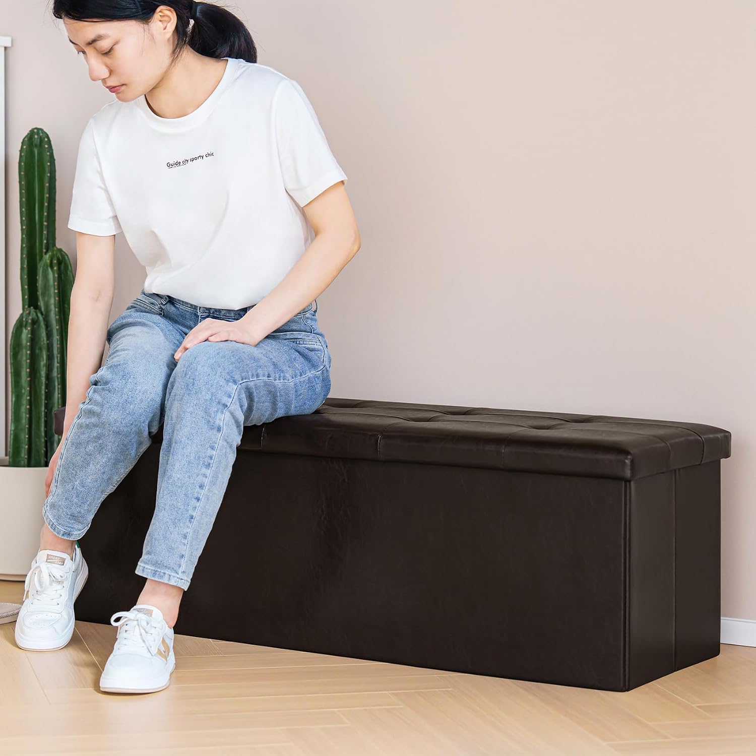 PINPLUS Folding Storage Ottoman Bench, Brown Faux Leather | Storage Chest with Comfortable Seat, Footrest Stool and Bench for Bedroom, Hallway and Living Room, 43.3 Inch