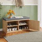 Entryway Shoe Storage Bench with 2" Cushion, 37.4" Small Bench with Shoe Rack, Cabinet Organizer for Hallway，Bedroom End of Bed (Light Oak)