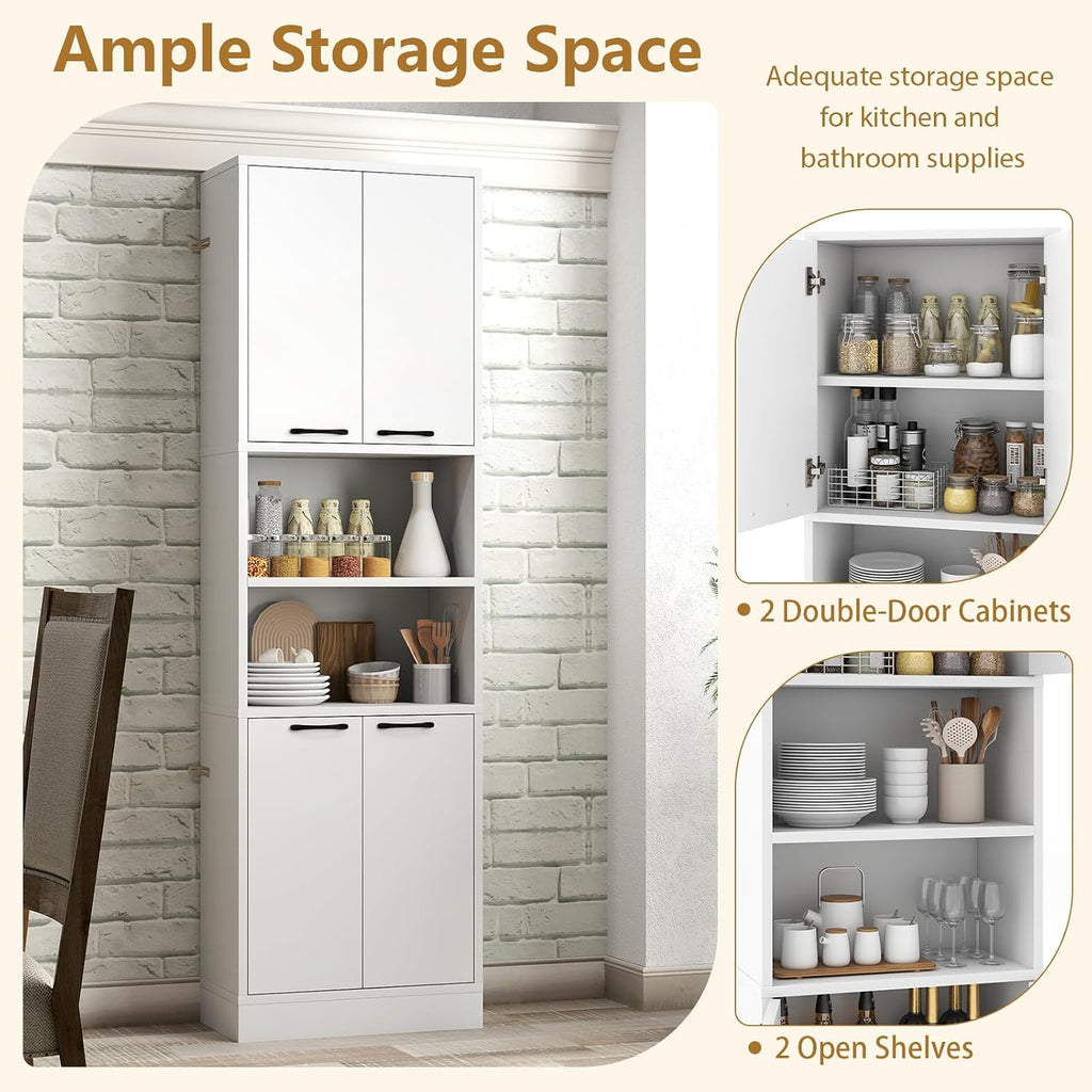 POWERSTONE Wood Kitchen Pantry Cabinet, 75" Tall Bathroom Storage Cupboard with 4 Doors & Shelves, Slim Freestanding Utility Hutch for Dining Room, Living Room, Bathroom White