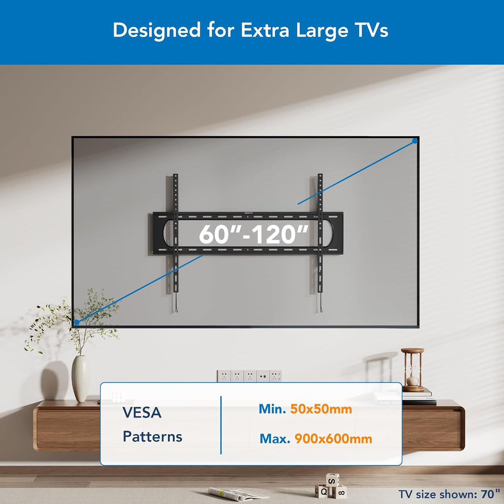 Mount-It! Heavy Duty XXL Fixed TV Mount for Extra Large TVs, Ultra Low Profile Wall Mount, max VESA 900x600, Holds 264lb, Flush TV Mount for 60", 65", 70", 75", 80", 85", 90", 100",120"