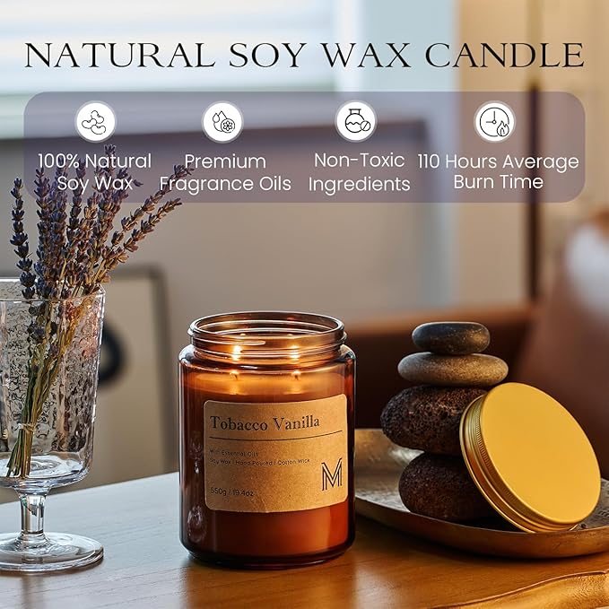 M&SENSE Tobacco Vanilla Home Scented Candle | 19.4oz, 115-Hour Burn | Natural Organic Soy Wax | Long-Lasting for Stress Relief and Gifting | for Bedroom，Relaxing SPA，Office