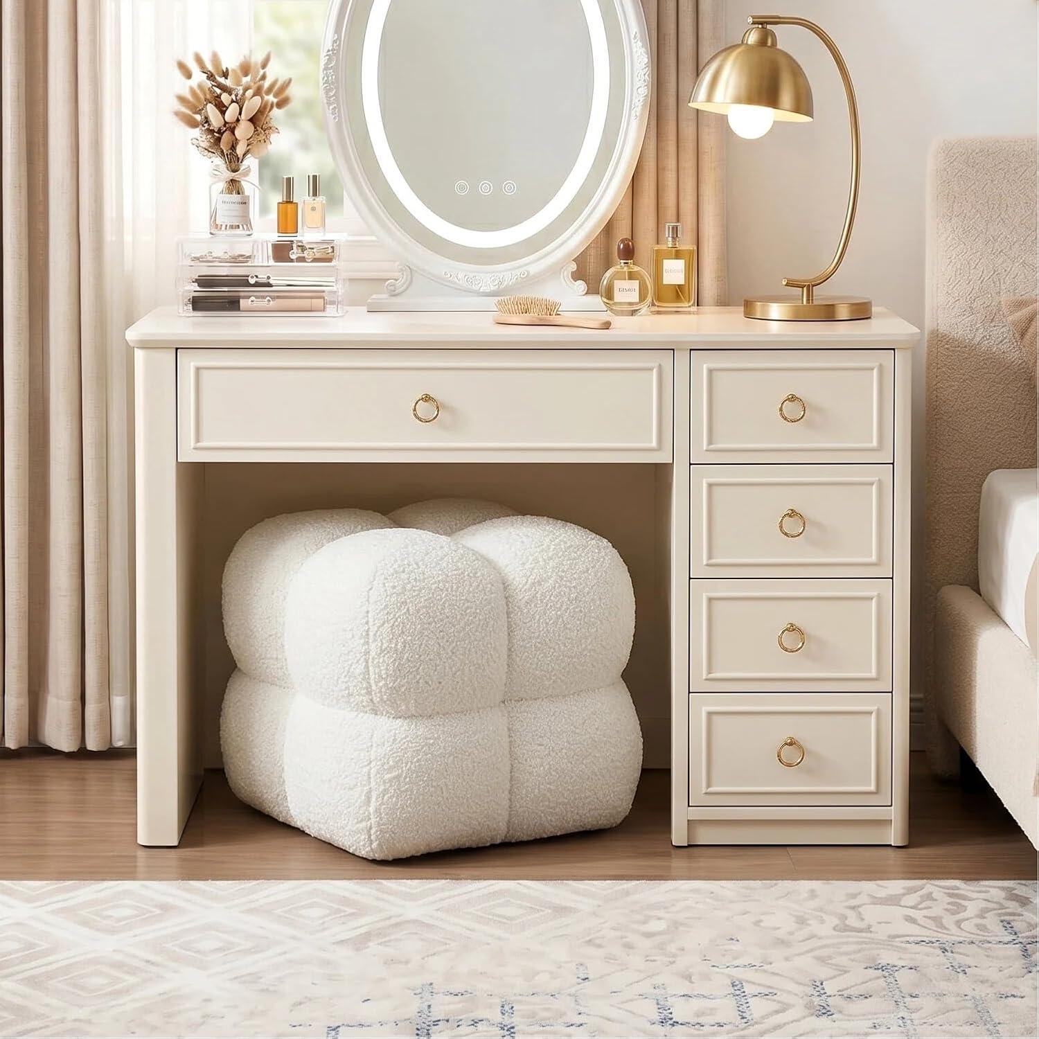 Zesthouse Square Pouf Ottomans Set of 2, Modern Backless Vanity Stool for Bedroom, White Fuzzy Foot Rest for Couch, Upholstered Tufted Footstool, Sherpa Fabric Ottoman Coffee Table for Living Room