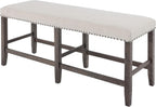 Jofran Willow Creek Distressed Pine Counter Height Dining Bench, Rustic Upholstered Bench for Dining Room Kitchen, Cream Fabric and Brown Wood