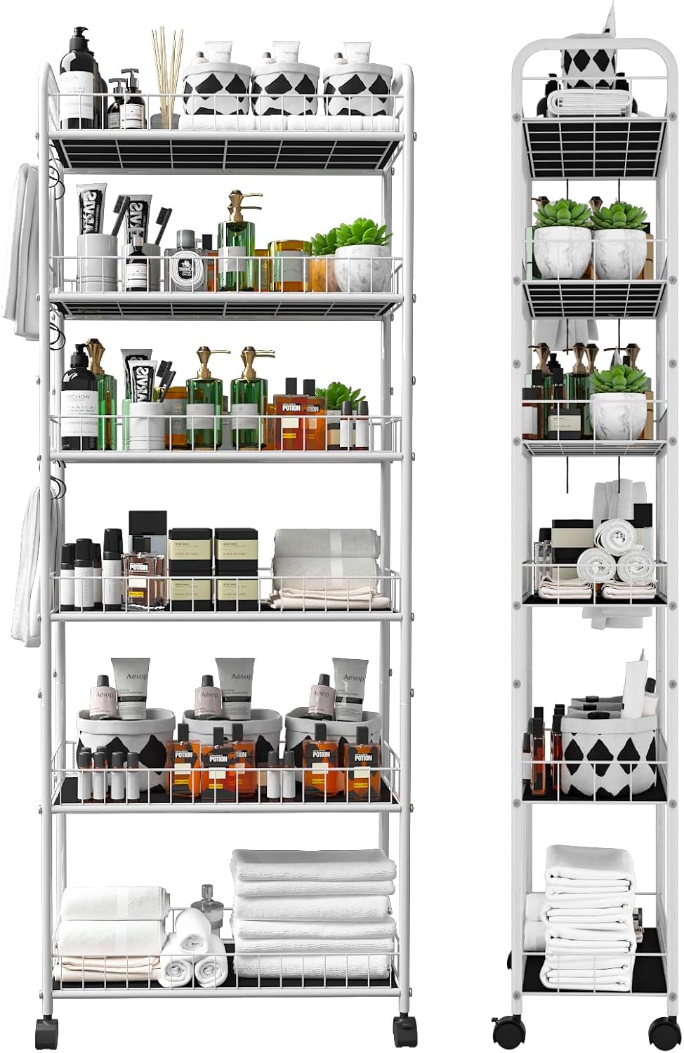 10in 6 Tier Slim Storage Cart with Wheels,White Narrow Space Rolling Shelving Unit, Metal Wire Mobile Organizer Rack for Kitchen Bathroom Office Laundry