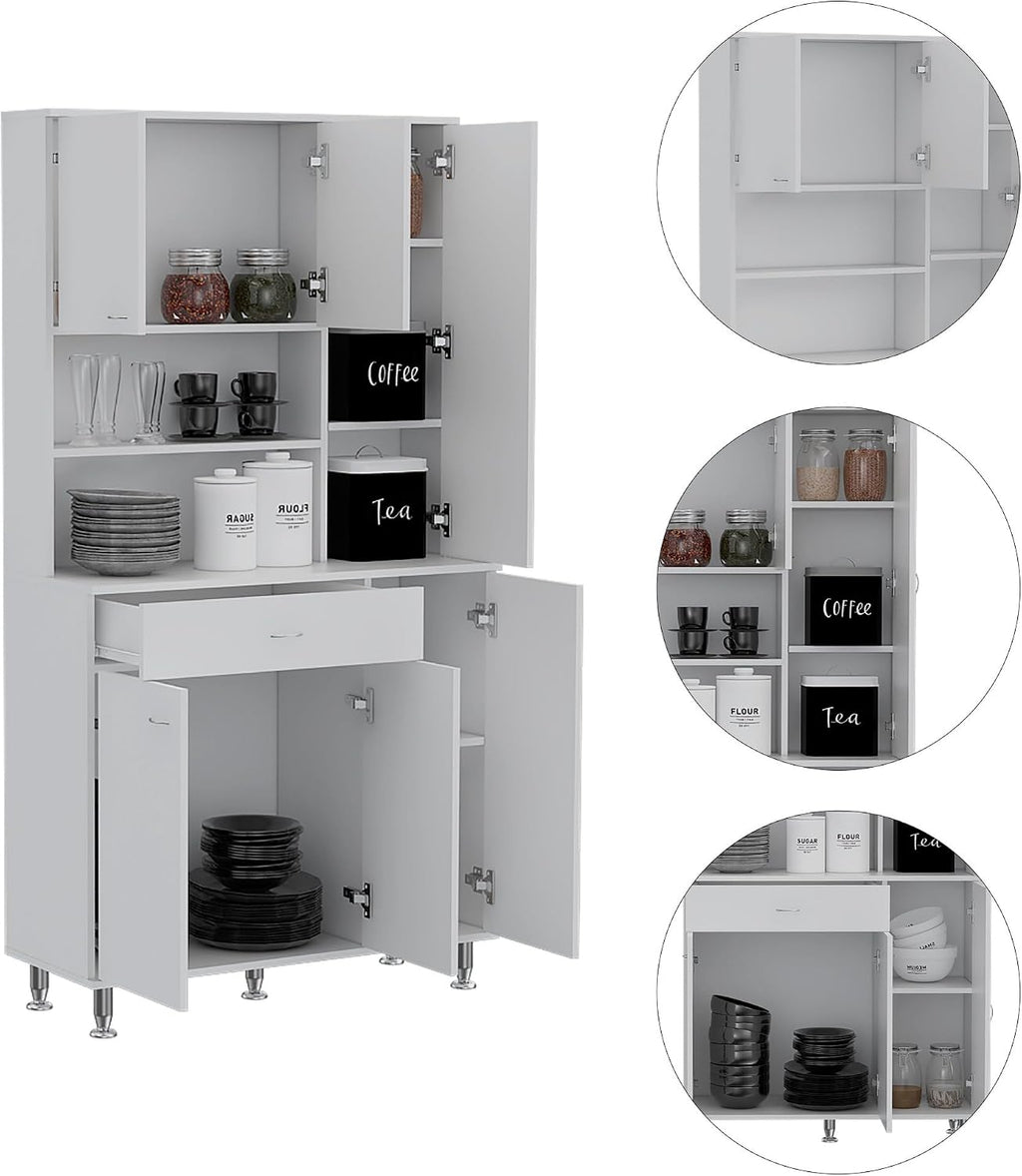 90 Kitchen Pantry Cabinet, Two Open Shelves, One Drawer, Multiple Cabinets, White