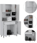 90 Kitchen Pantry Cabinet, Two Open Shelves, One Drawer, Multiple Cabinets, White