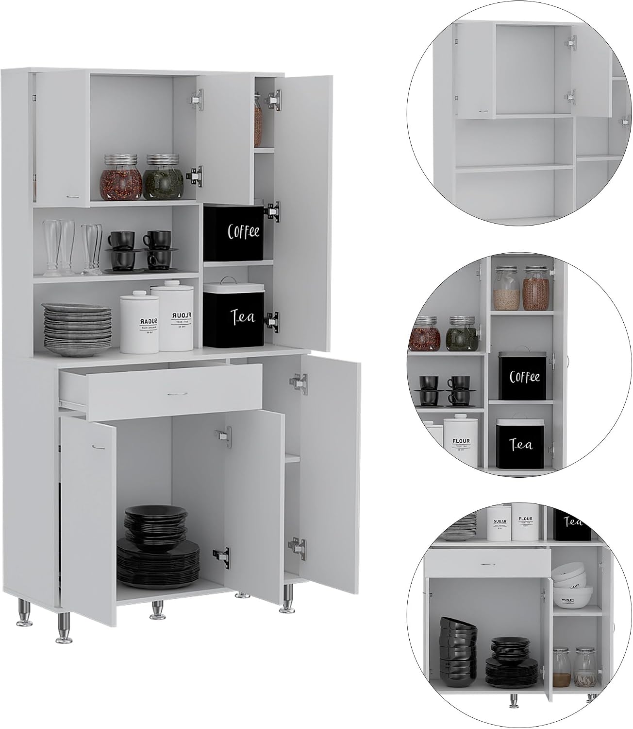 90 Kitchen Pantry Cabinet, Two Open Shelves, One Drawer, Multiple Cabinets, White