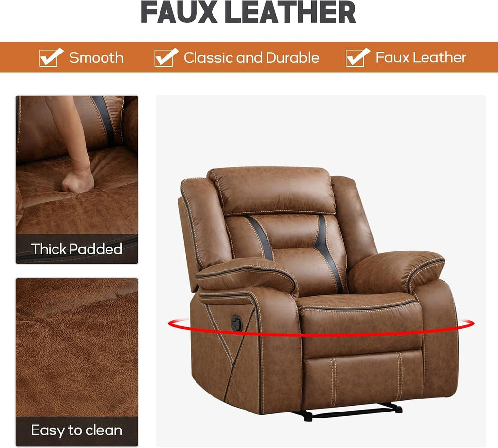 EBELLO Manual Recliner Sofa Set, Faux Leather Reclining Living Room Furniture Set, Included Recliner Chair and 3 Seat Manual Recline Sofa, Brown