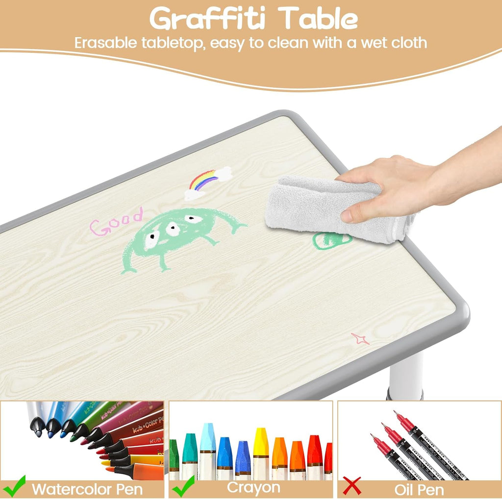 Kids Table and Chairs Set Height Adjustable Table and 6 Chairs for Toddlers | 120*60 cm Graffiti Table | Non-slip Caps | Ergonomic Chair | Rounded Corners | Suitable for Daycare, Classrooms, Home