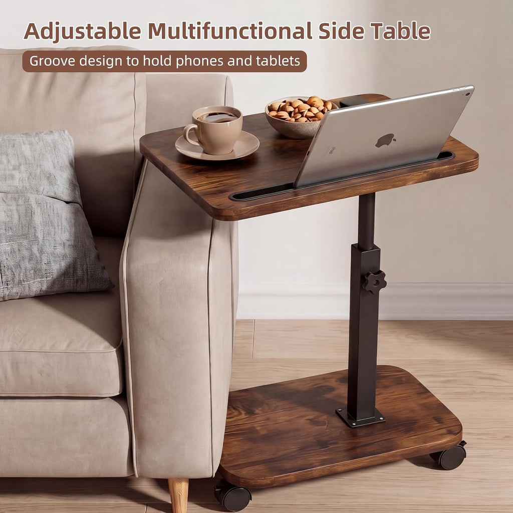 Adjustable TV Tray Side Table 360°Swivel Rolling, Rustic Brown | Adjustable Height, C Shaped, Snack End Table, Wheels, Tablet Slot, Slide Under Sofa, For Small Spaces Living Room Couch Bed
