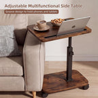 Adjustable TV Tray Side Table 360°Swivel Rolling, Rustic Brown | Adjustable Height, C Shaped, Snack End Table, Wheels, Tablet Slot, Slide Under Sofa, For Small Spaces Living Room Couch Bed