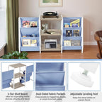 FurnitureR 3-Tier End Table with Record Player Stand and Vinyl Storage, Multi-Purpose Side Table Bookcase and Magazine Rack with Dual-Sided Fabric Pockets, Display Shelf Organizer, Blue/White
