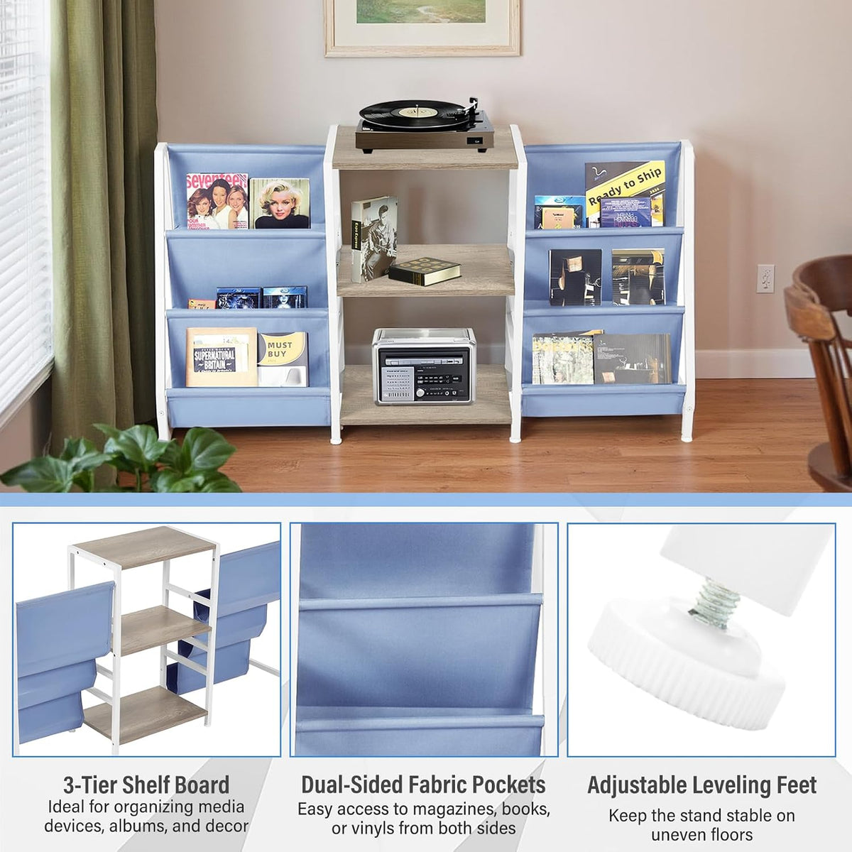 FurnitureR 3-Tier End Table with Record Player Stand and Vinyl Storage, Multi-Purpose Side Table Bookcase and Magazine Rack with Dual-Sided Fabric Pockets, Display Shelf Organizer, Blue/White
