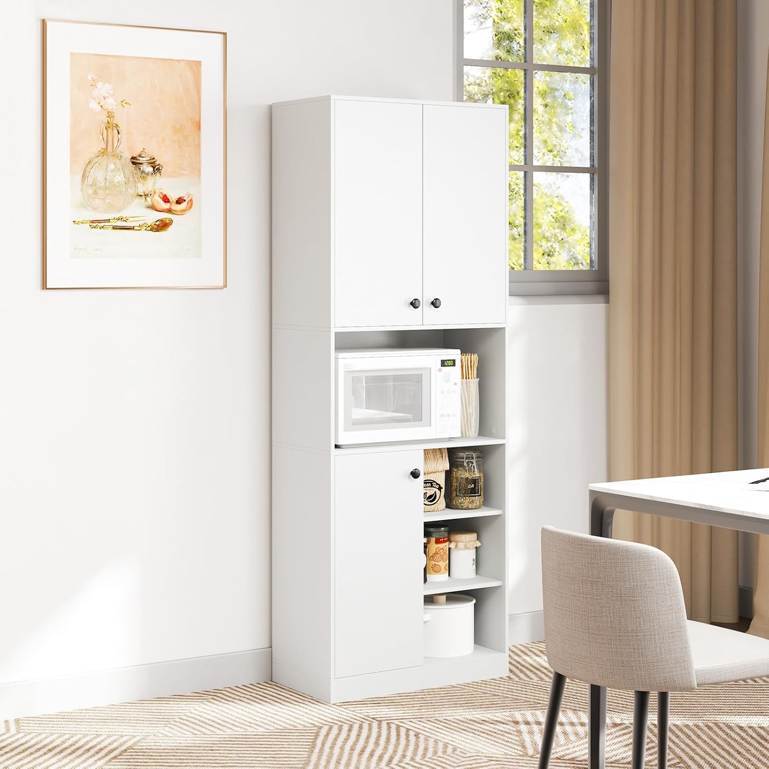 TANGZON Tall Kitchen Cupboard, 3-door Storage Cabinet with Countertop, Open Shelves & Anti-tipping Device, Freestanding Pantry Cupboard Kitchen Units for Dining Room Living Room, White