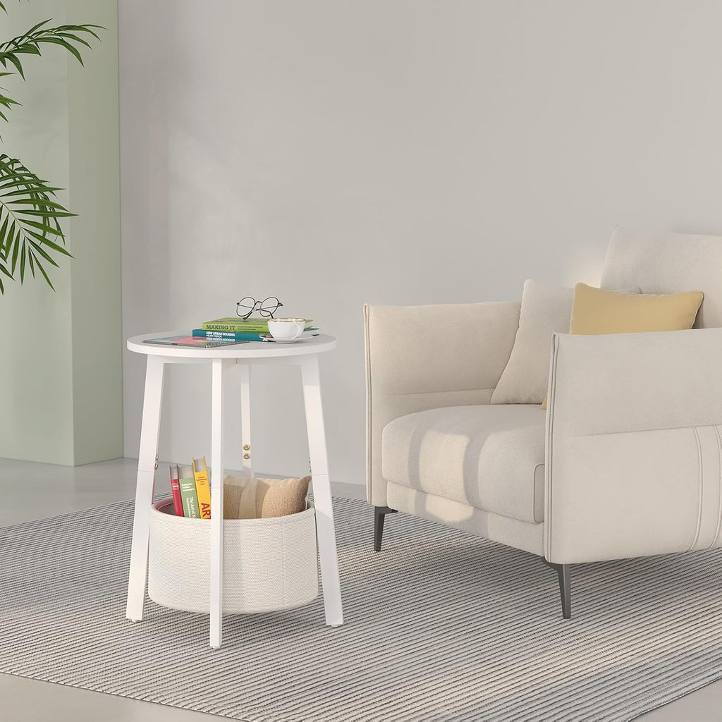 sthmec Small Round Side End Table with Cloth Storage Basket, Round Bedside Sofa Couch Coffee Tables for Small Places with Metal Frame, Modern Nighstands for Living Room Bedroom,White