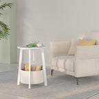 sthmec Small Round Side End Table with Cloth Storage Basket, Round Bedside Sofa Couch Coffee Tables for Small Places with Metal Frame, Modern Nighstands for Living Room Bedroom,White