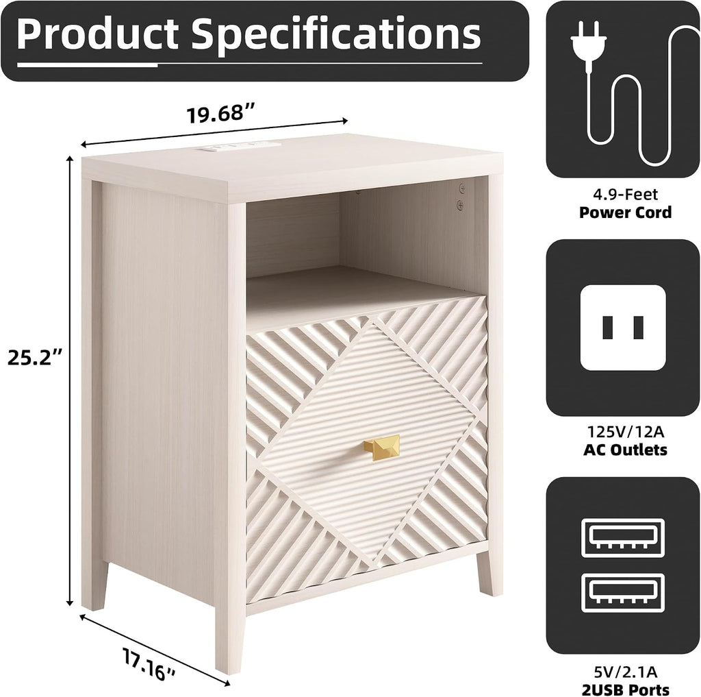 3imothrix End Table Set of 2 with Charging Station, Modern Nightstand with Door and Open Shelf, Fluted Design, Bedside Table for Bedroom, Living Room, Light Brown
