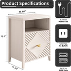 3imothrix End Table Set of 2 with Charging Station, Modern Nightstand with Door and Open Shelf, Fluted Design, Bedside Table for Bedroom, Living Room, Light Brown