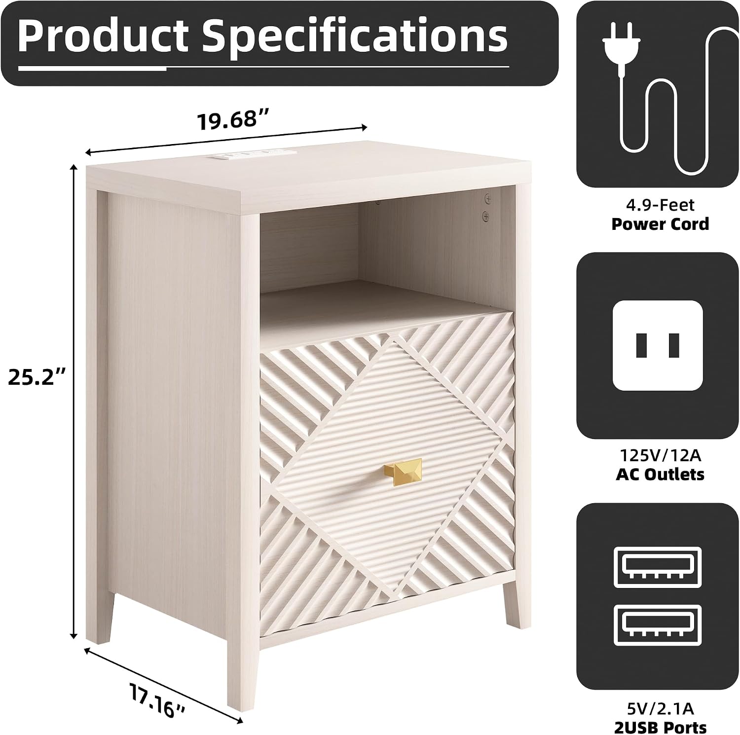 3imothrix End Table Set of 2 with Charging Station, Modern Nightstand with Door and Open Shelf, Fluted Design, Bedside Table for Bedroom, Living Room, Light Brown