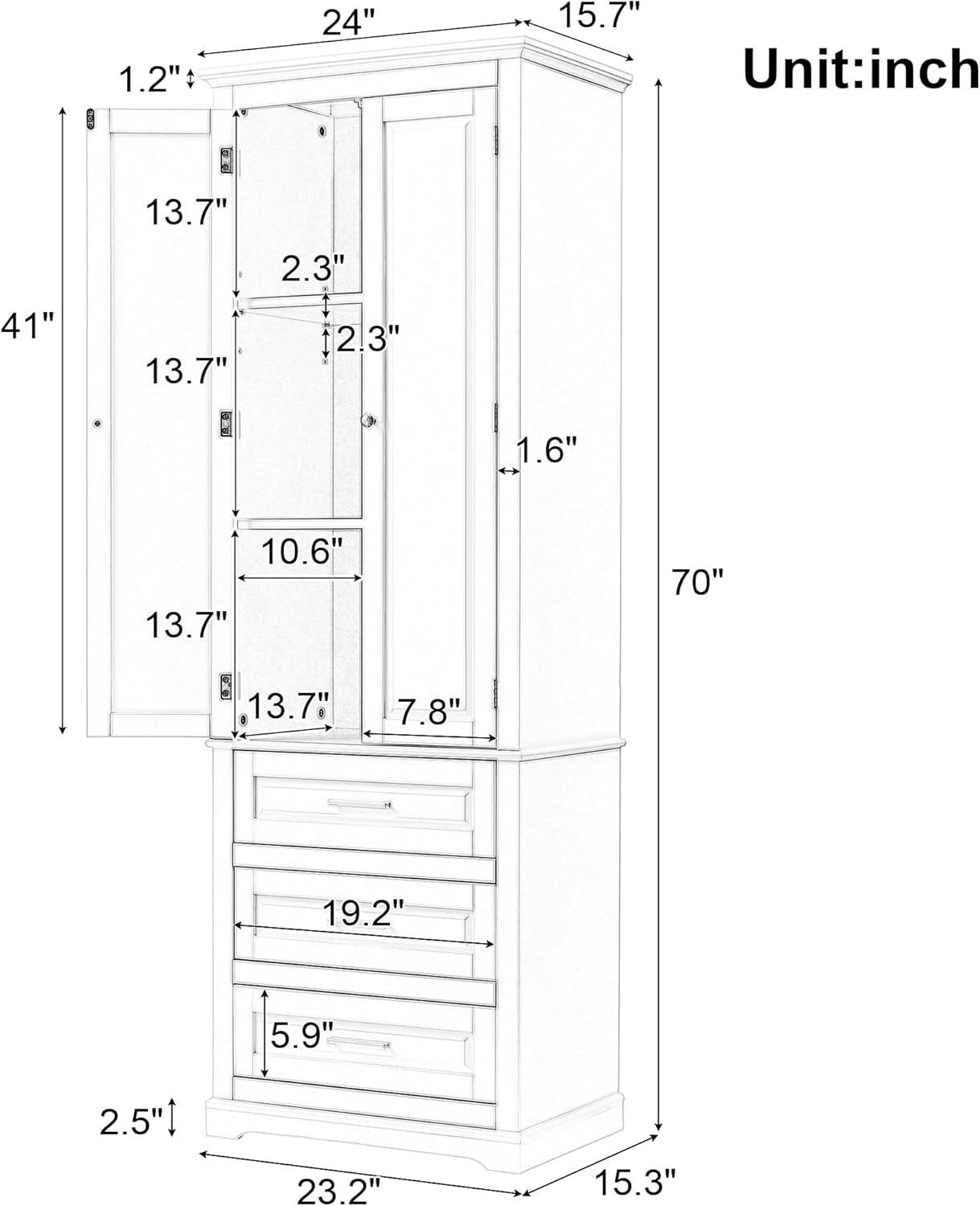 Merax 70" Pantry Cabinet with Two Doors & Three Drawer, Adjustable Shelves Storage Cupboard for Kitchen/Dining Room/Bathroom, Black