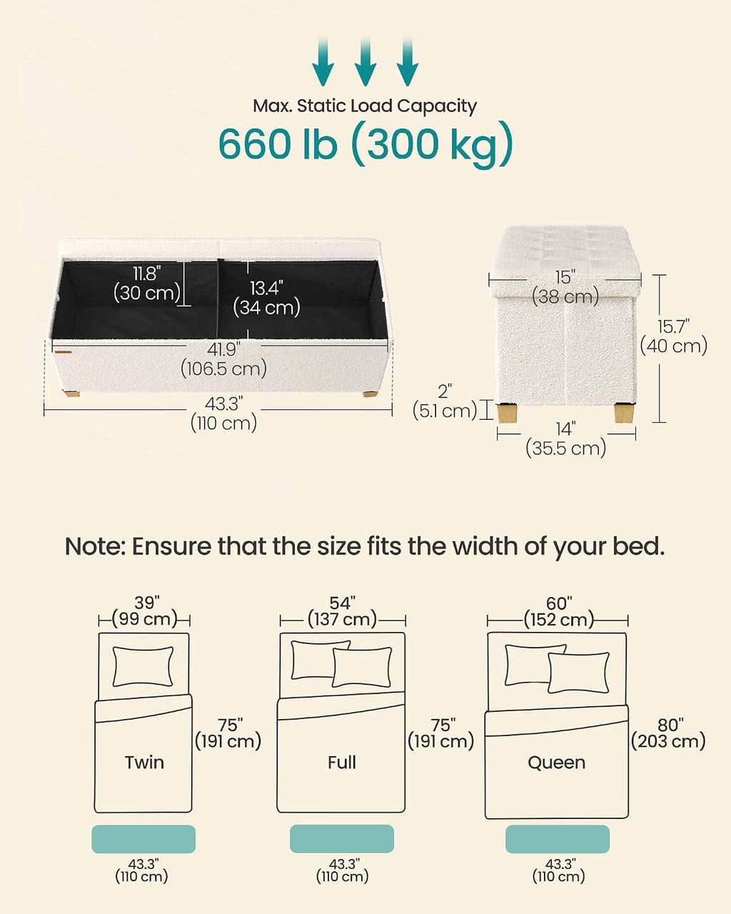 SONGMICS Storage Ottoman Bench with Legs, Flipping Lid, 43.3 Inches | Folding Ottoman Foot Rest, Teddy Fleece, for Living Room, Bedroom, Entryway, Cream White, Mazie Collection ULSF081WD01