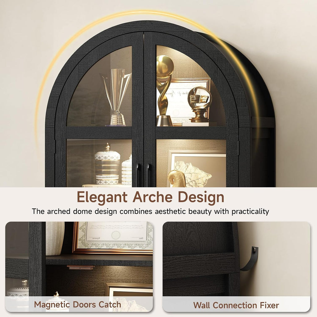 ONBRILL 71" Tall Arched Display Cabinet with LED Lights, Arched Kitchen Pantry with 2 Drawers, Modern Display Storage Cabinets with Adjustable Feet, Pantry Cabinet for Kitchen, Living/Dining Room