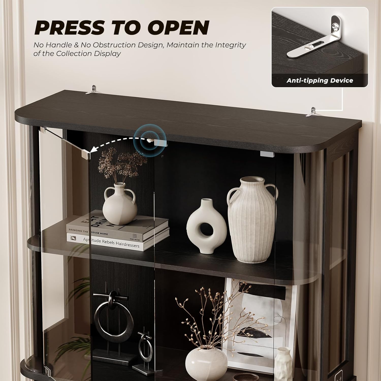 BROTTAR Large Rounded Display Cabinet with Glass Door & Lights, Black