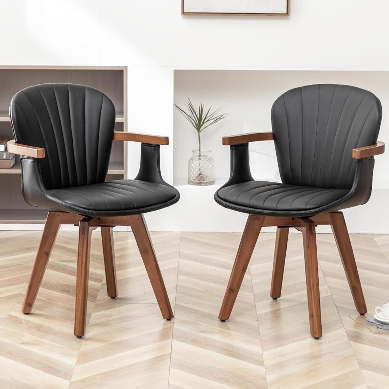 LUNLING Swivel Dining Room Chairs Set of 2 Mid Century Modern Black Faux Leather Kitchen Chairs with Arms Bamboo Legs Side Chairs No Wheels Bentwood Frame Accent Chair for Dining Rooms and Offices