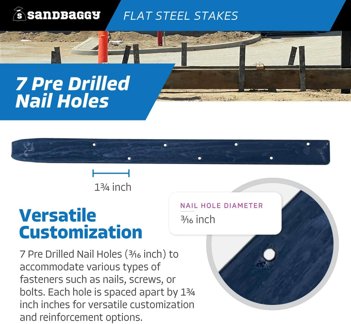 Sandbaggy Flat Steel Stakes for Concrete Forms with Nail Holes - 1.5" Wide - Painted - Removable, Reusable, V Point End - Construction Grade Stakes (30, 18 inch)