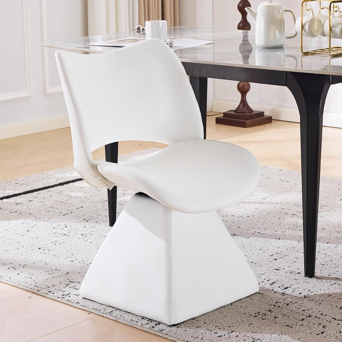 Swivel Dining Chair, Modern Faux Leather Kitchen Chair, Upholstered Armless Side Chair with Metal Base for Dining Room, Desk, Vanity, 1 PCS (White)