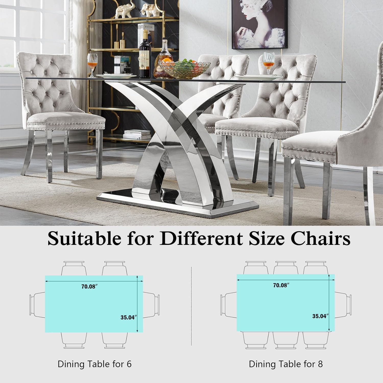 70'' Modern Glass Dining Table for 4-8 People, High Gloss Stainless Steel Base, Rectangular Glass Dining Room Table for 6, Tempered Glass Top Silver Kitchen Table for Home Kitchen Furniture