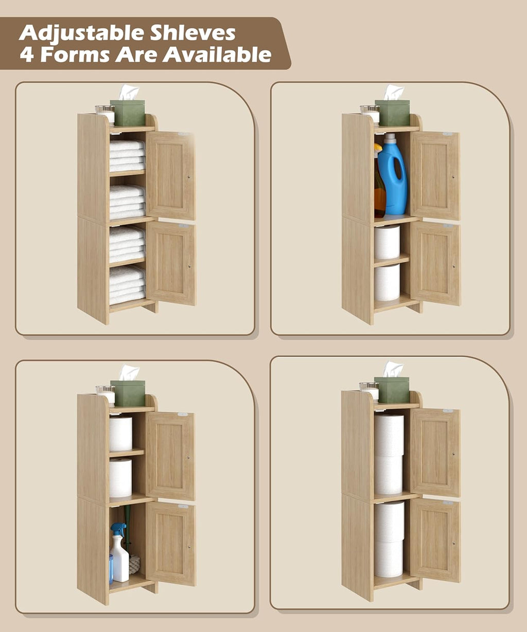 Akxomel Rattan Small Bathroom Cabinet Narrow Toilet Paper Organizer Oak | 7.9''D x 7.9''W Bathroom Organizer and Storage Cabinet for Small Space, Slim Corner Unit with Adjustable Shelf